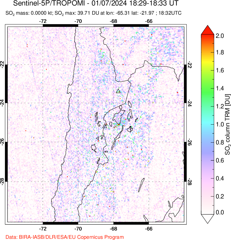 A sulfur dioxide image over Northern Chile on Jan 07, 2024.