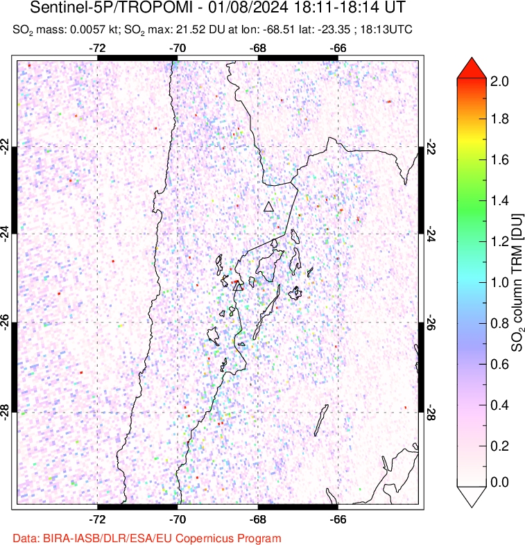 A sulfur dioxide image over Northern Chile on Jan 08, 2024.