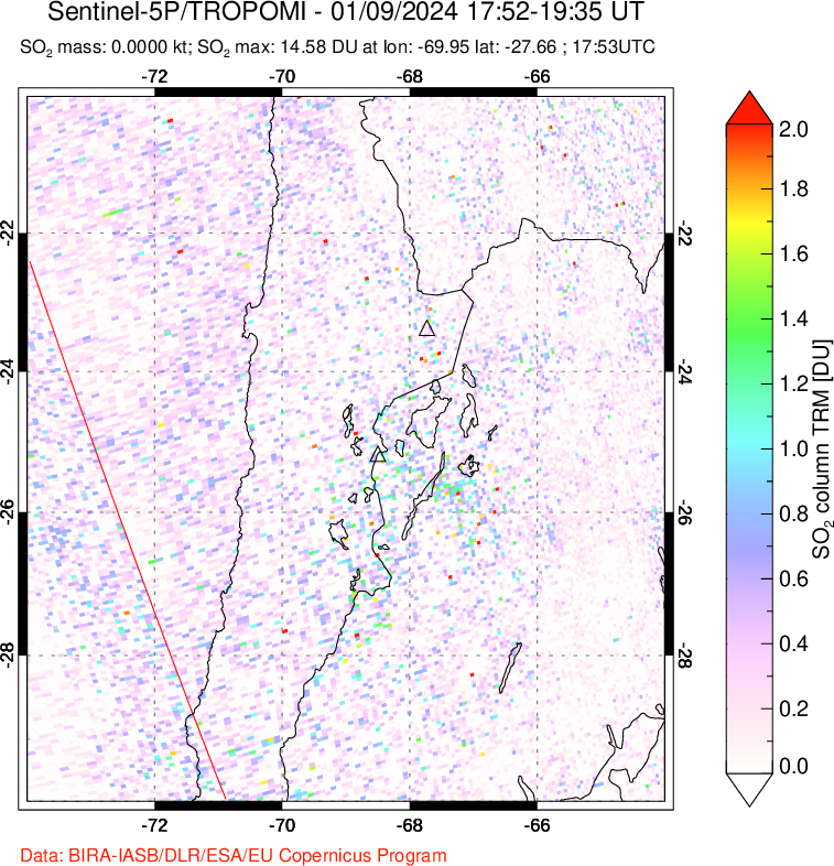 A sulfur dioxide image over Northern Chile on Jan 09, 2024.