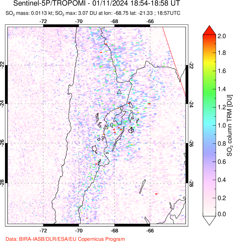 A sulfur dioxide image over Northern Chile on Jan 11, 2024.