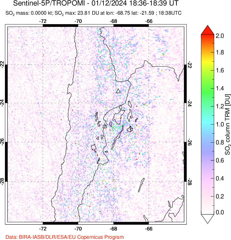 A sulfur dioxide image over Northern Chile on Jan 12, 2024.