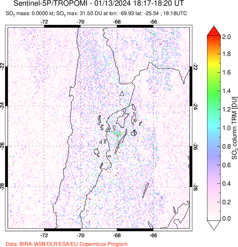 A sulfur dioxide image over Northern Chile on Jan 13, 2024.