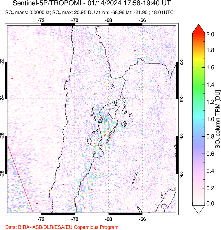 A sulfur dioxide image over Northern Chile on Jan 14, 2024.