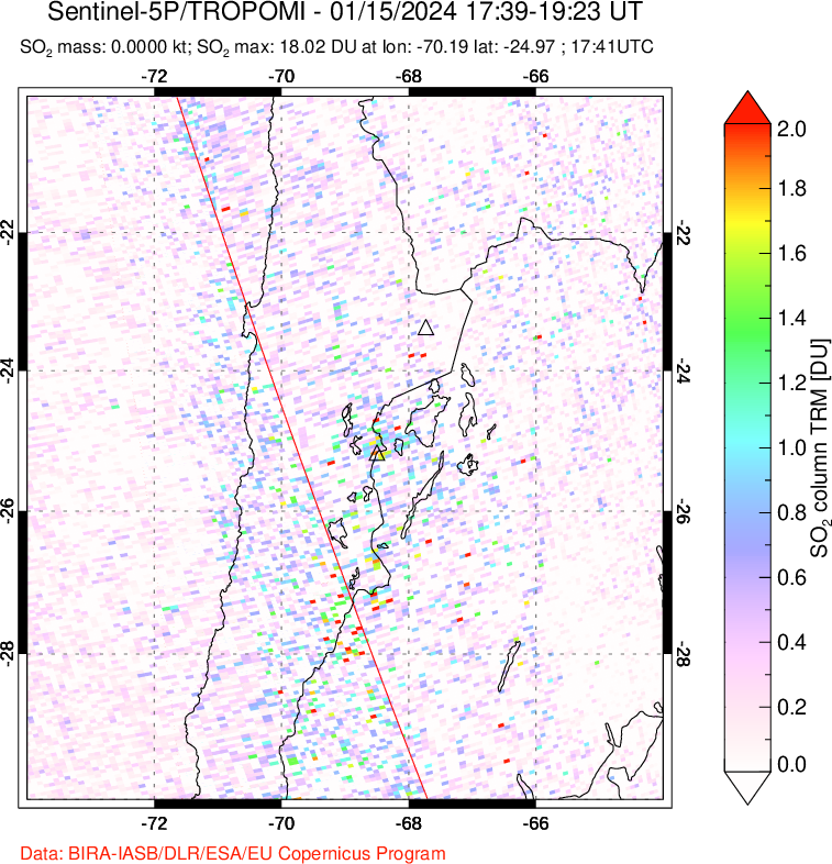 A sulfur dioxide image over Northern Chile on Jan 15, 2024.