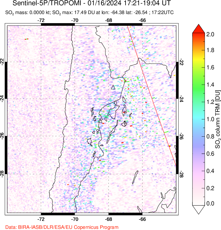 A sulfur dioxide image over Northern Chile on Jan 16, 2024.