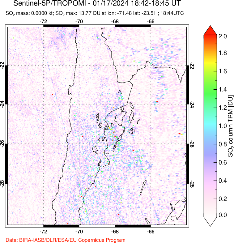 A sulfur dioxide image over Northern Chile on Jan 17, 2024.