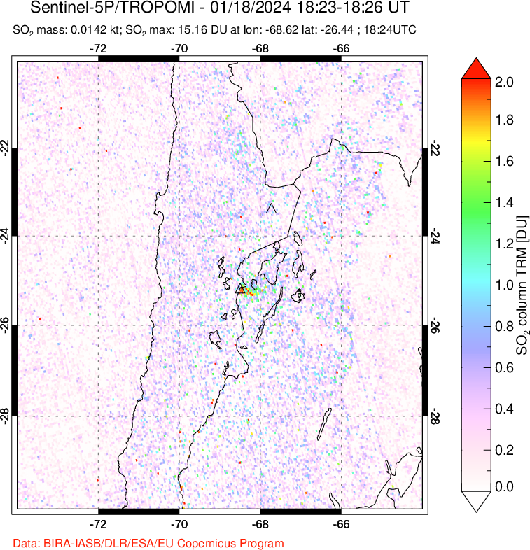 A sulfur dioxide image over Northern Chile on Jan 18, 2024.