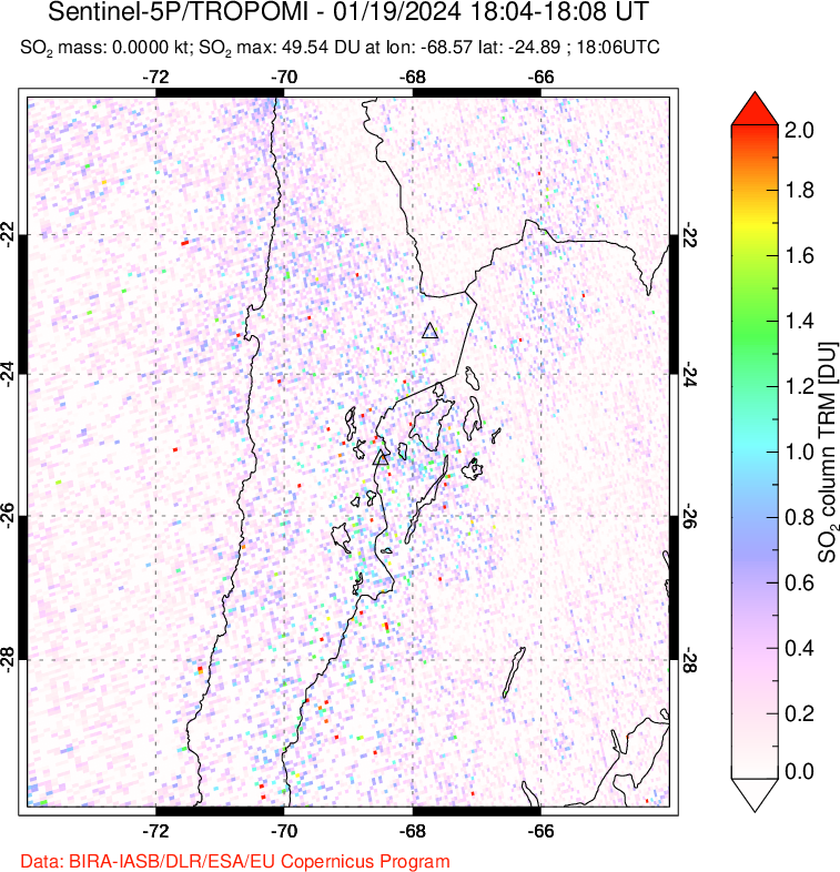 A sulfur dioxide image over Northern Chile on Jan 19, 2024.