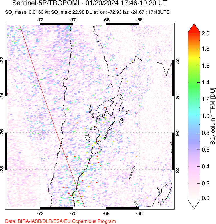 A sulfur dioxide image over Northern Chile on Jan 20, 2024.