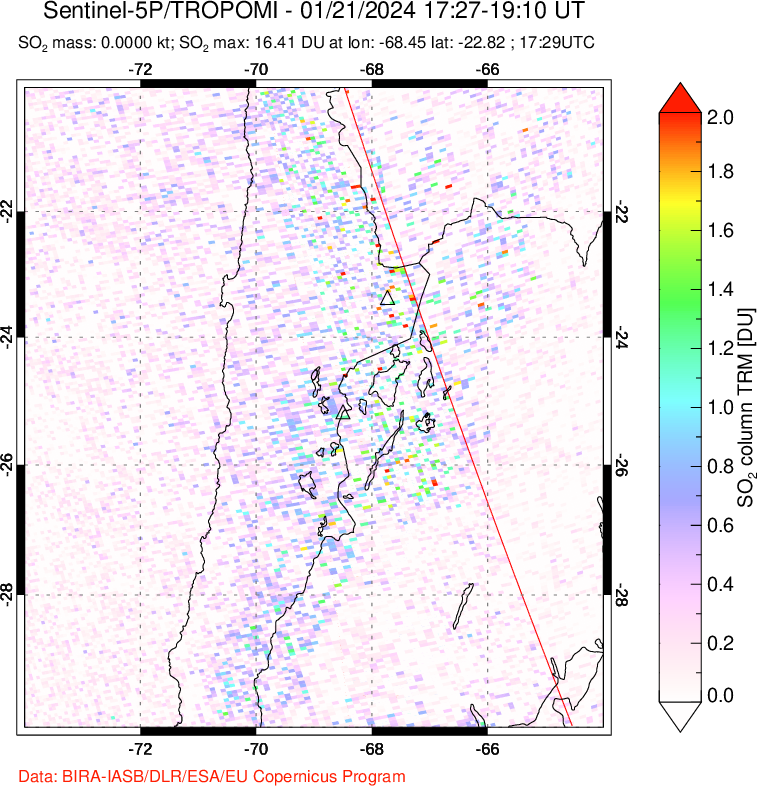 A sulfur dioxide image over Northern Chile on Jan 21, 2024.