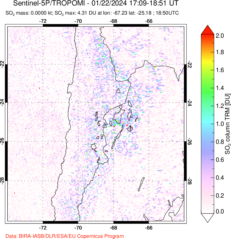 A sulfur dioxide image over Northern Chile on Jan 22, 2024.