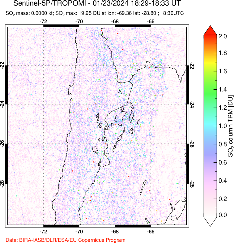 A sulfur dioxide image over Northern Chile on Jan 23, 2024.