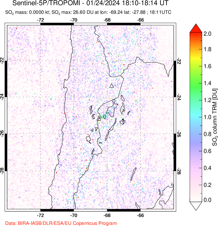 A sulfur dioxide image over Northern Chile on Jan 24, 2024.