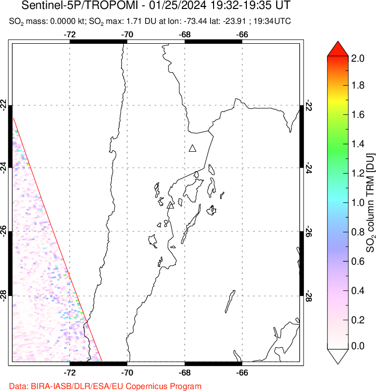 A sulfur dioxide image over Northern Chile on Jan 25, 2024.