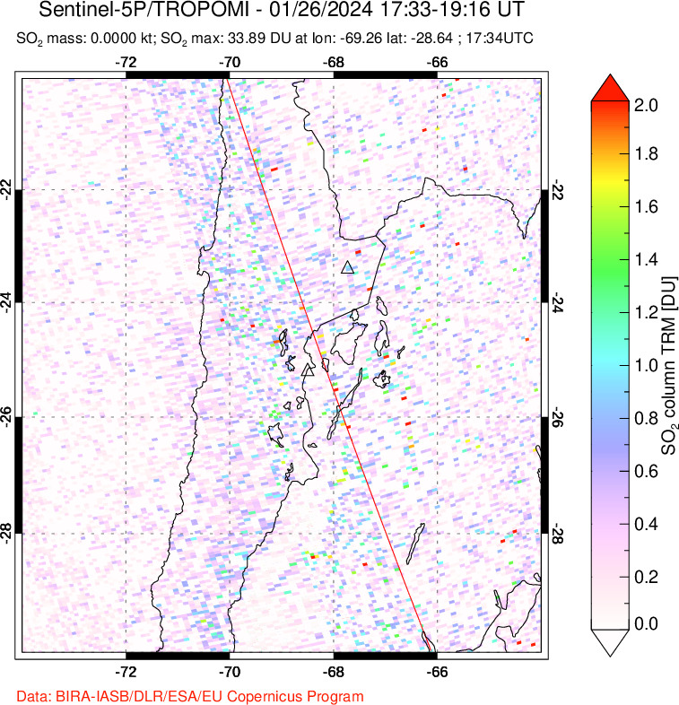 A sulfur dioxide image over Northern Chile on Jan 26, 2024.