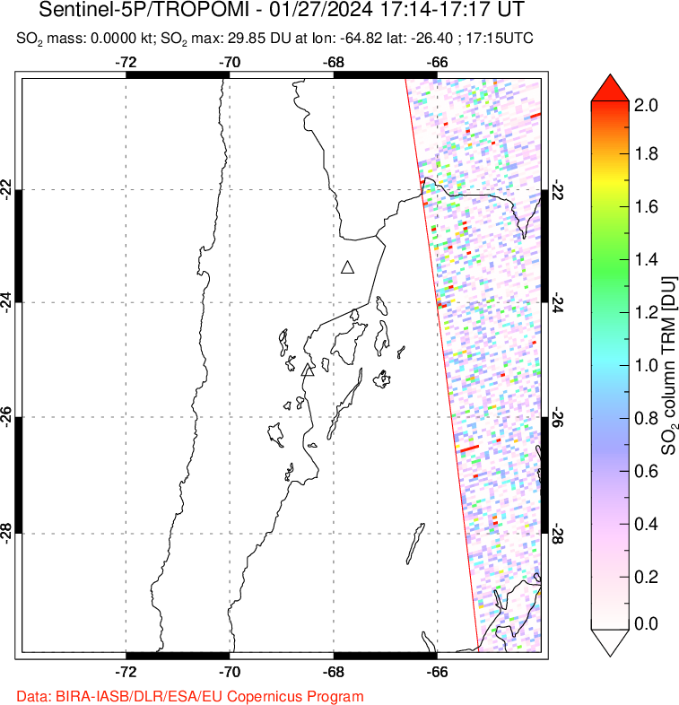 A sulfur dioxide image over Northern Chile on Jan 27, 2024.