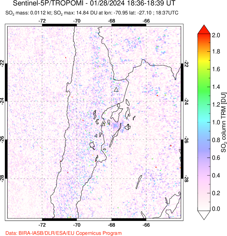 A sulfur dioxide image over Northern Chile on Jan 28, 2024.