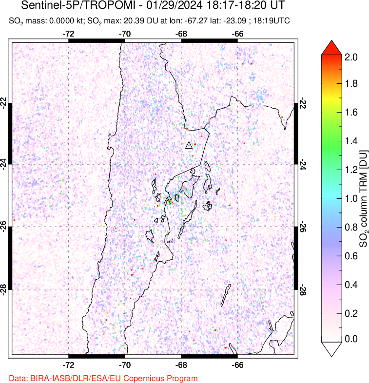 A sulfur dioxide image over Northern Chile on Jan 29, 2024.