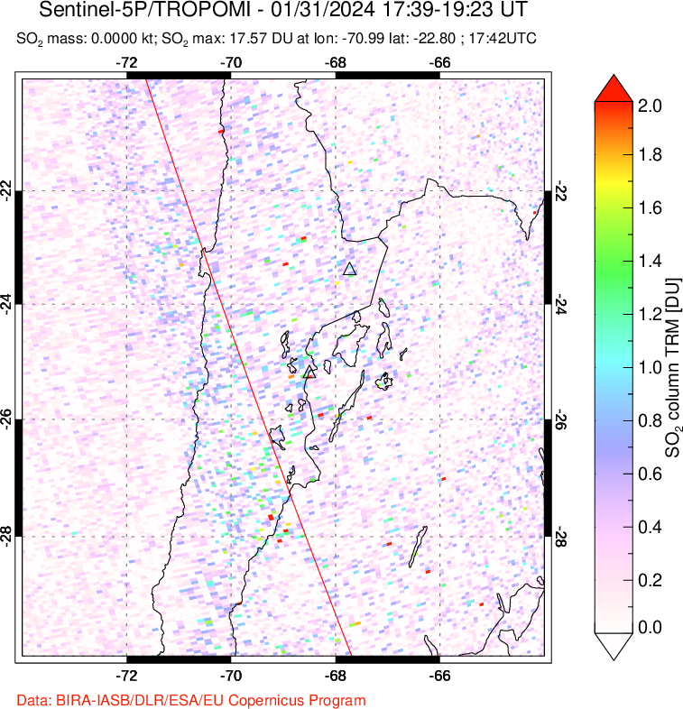 A sulfur dioxide image over Northern Chile on Jan 31, 2024.