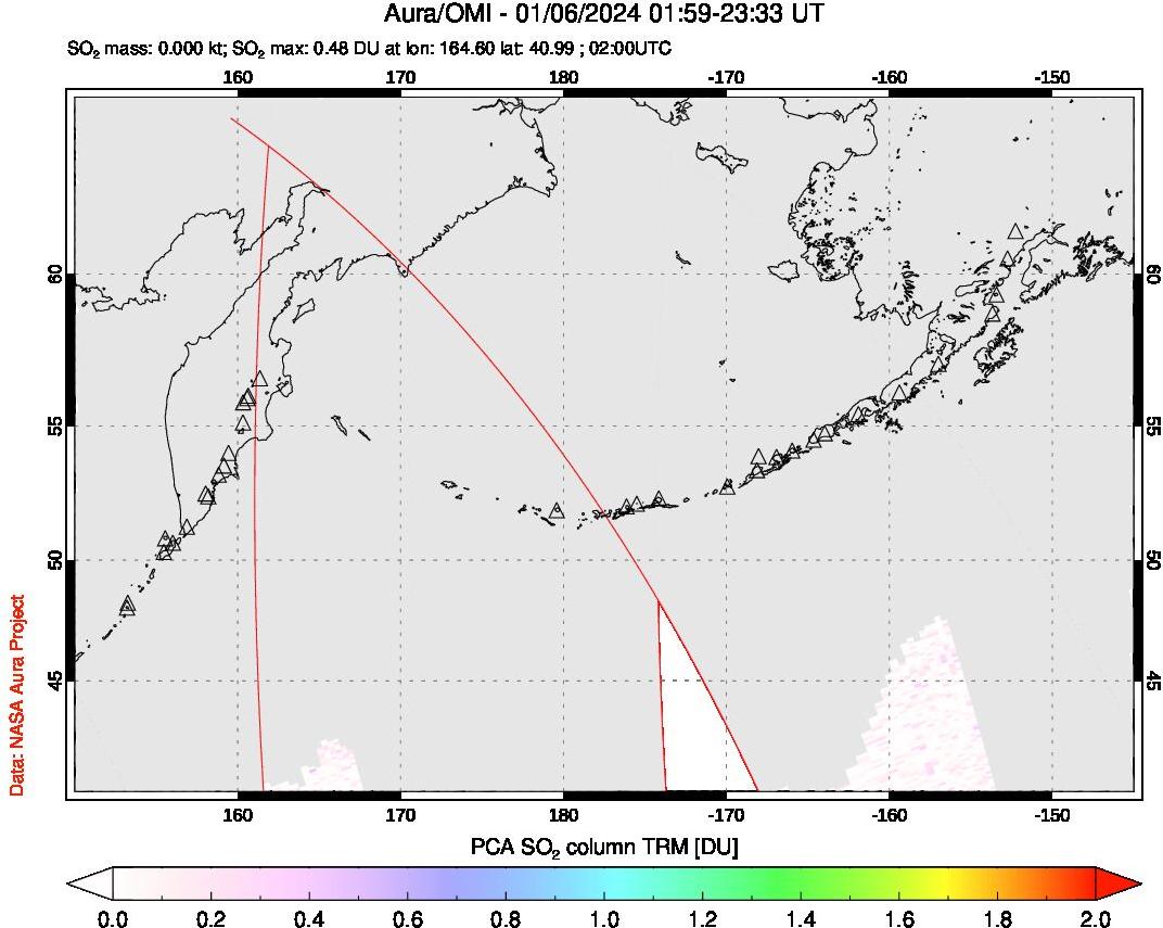 A sulfur dioxide image over North Pacific on Jan 06, 2024.