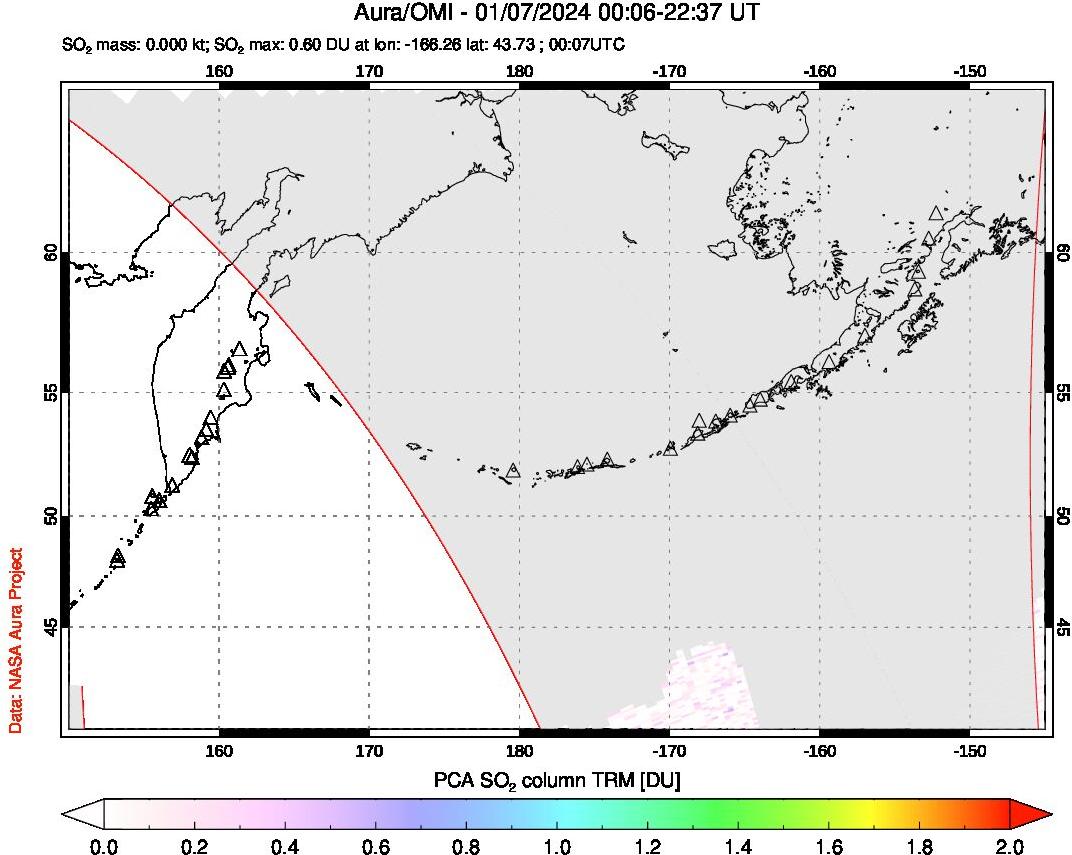 A sulfur dioxide image over North Pacific on Jan 07, 2024.