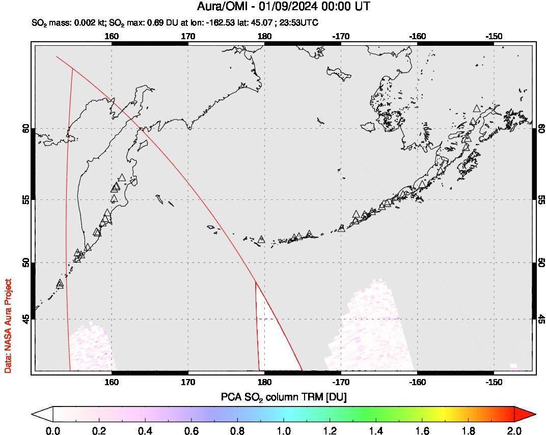 A sulfur dioxide image over North Pacific on Jan 09, 2024.