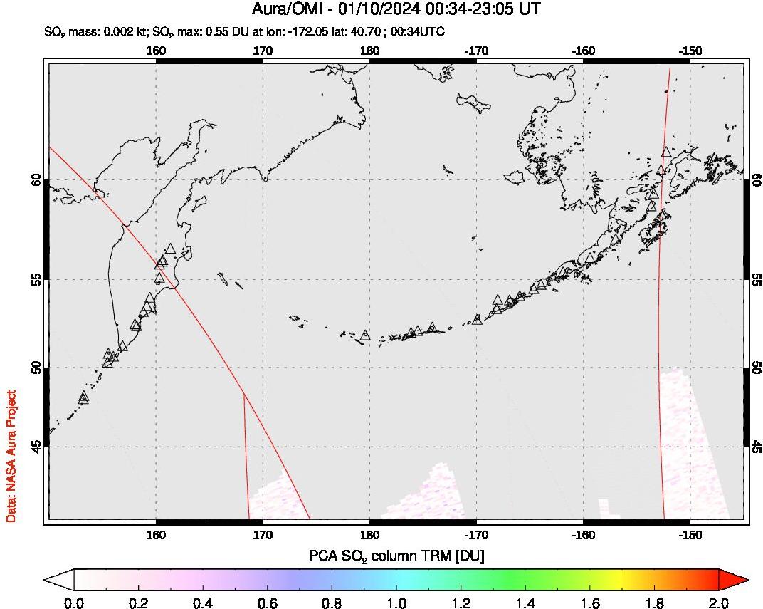 A sulfur dioxide image over North Pacific on Jan 10, 2024.