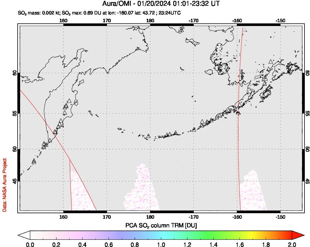 A sulfur dioxide image over North Pacific on Jan 20, 2024.