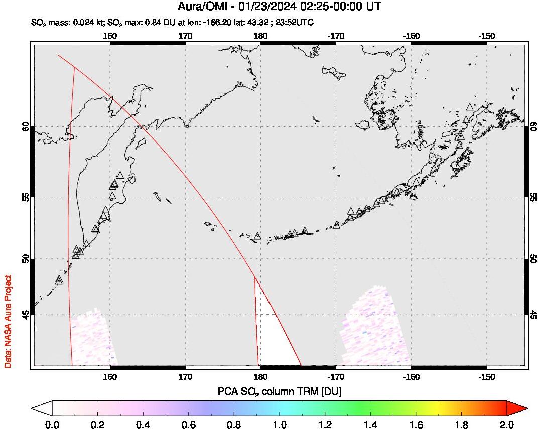 A sulfur dioxide image over North Pacific on Jan 23, 2024.