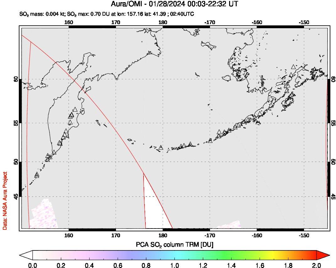 A sulfur dioxide image over North Pacific on Jan 28, 2024.