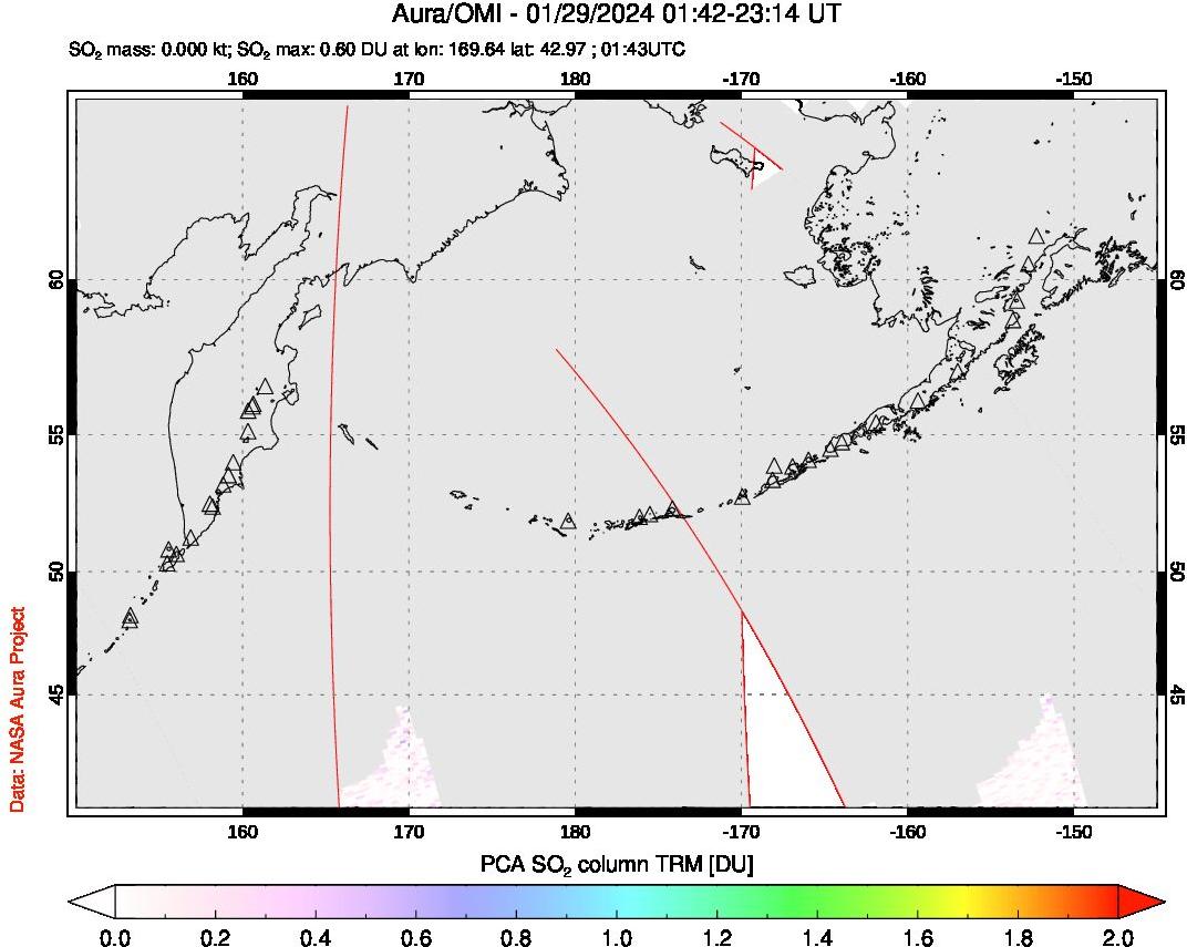 A sulfur dioxide image over North Pacific on Jan 29, 2024.