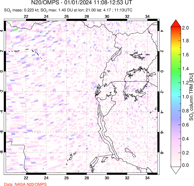 A sulfur dioxide image over Nyiragongo, DR Congo on Jan 01, 2024.