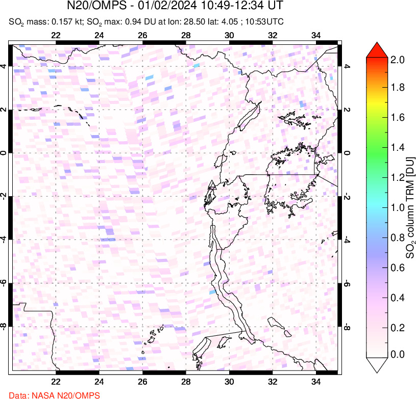 A sulfur dioxide image over Nyiragongo, DR Congo on Jan 02, 2024.