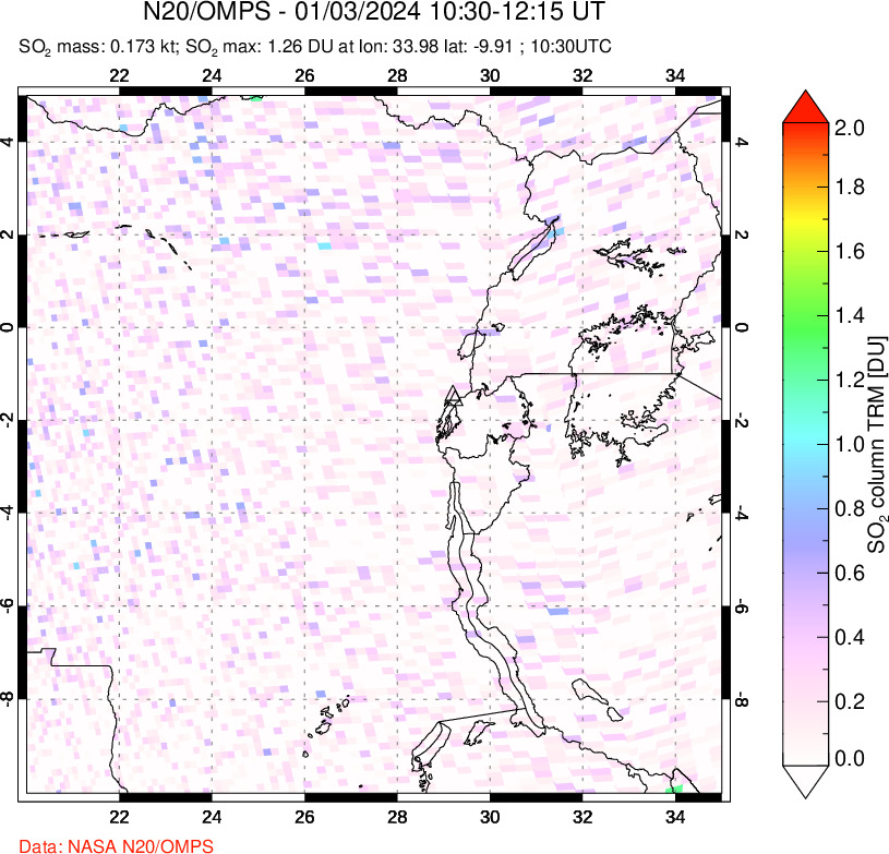 A sulfur dioxide image over Nyiragongo, DR Congo on Jan 03, 2024.