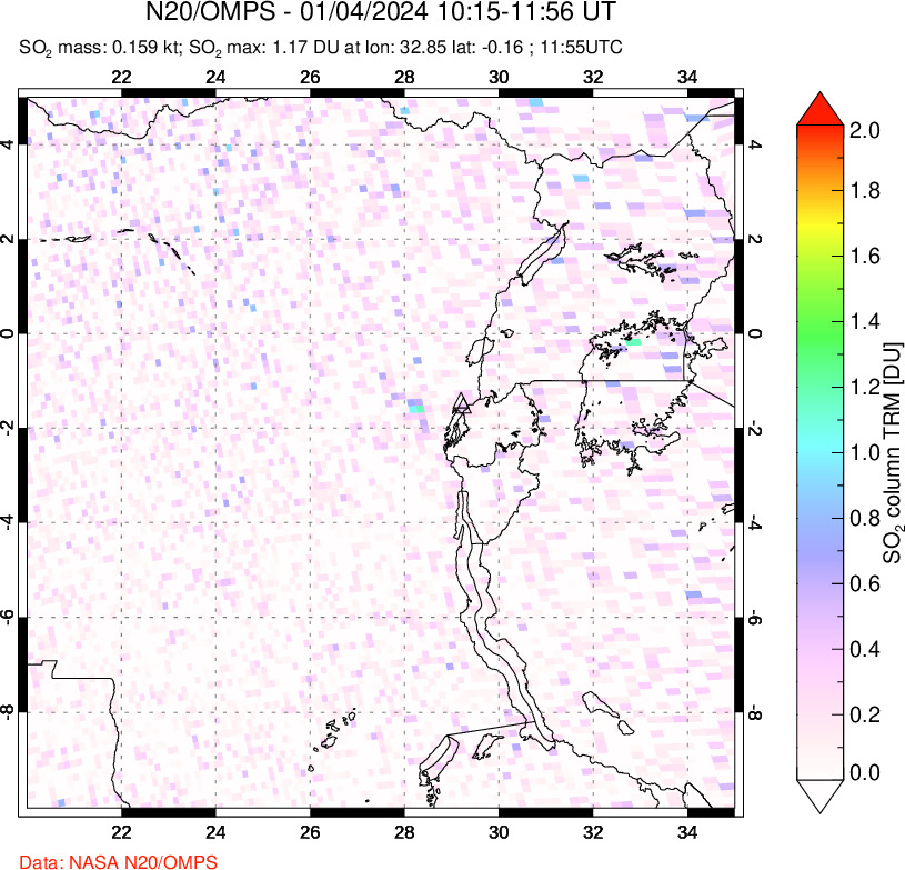 A sulfur dioxide image over Nyiragongo, DR Congo on Jan 04, 2024.