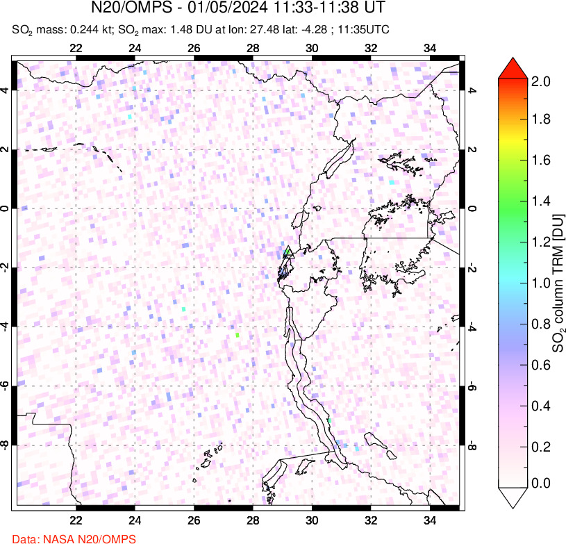 A sulfur dioxide image over Nyiragongo, DR Congo on Jan 05, 2024.