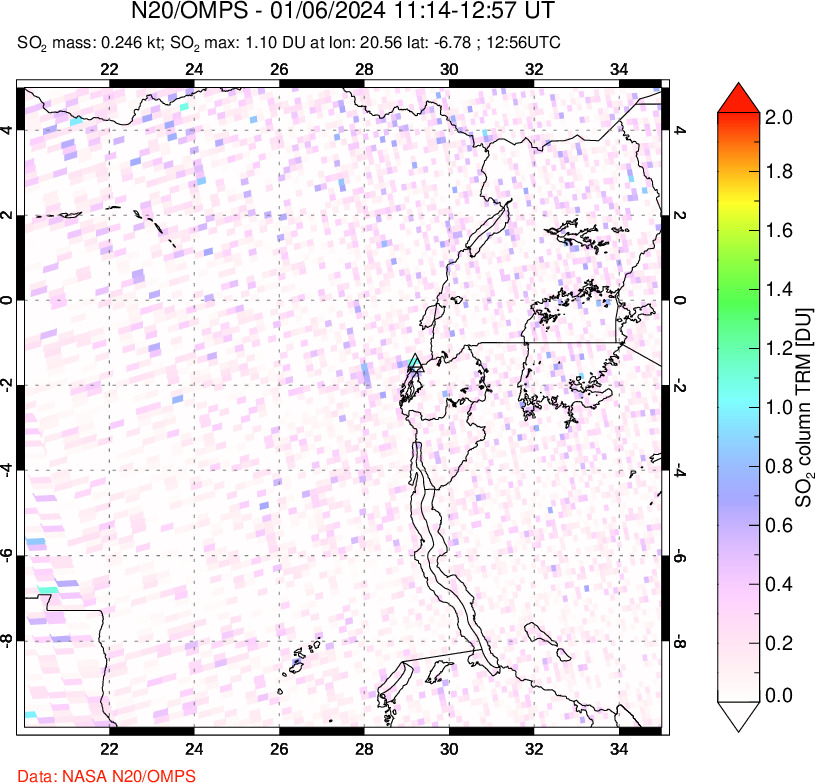 A sulfur dioxide image over Nyiragongo, DR Congo on Jan 06, 2024.