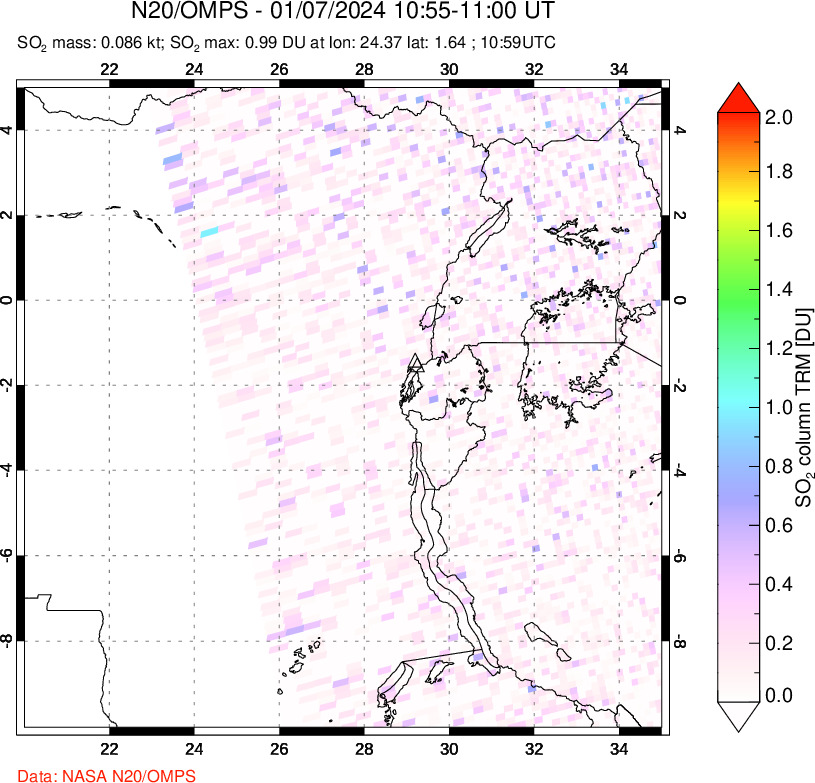 A sulfur dioxide image over Nyiragongo, DR Congo on Jan 07, 2024.