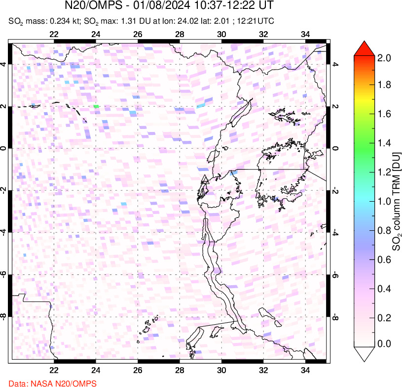 A sulfur dioxide image over Nyiragongo, DR Congo on Jan 08, 2024.