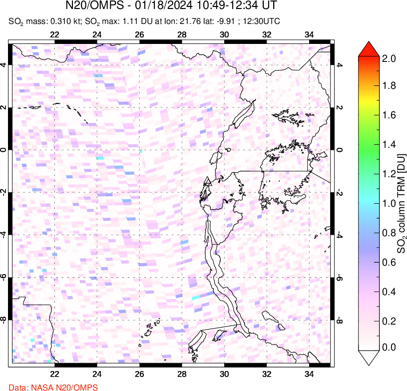 A sulfur dioxide image over Nyiragongo, DR Congo on Jan 18, 2024.