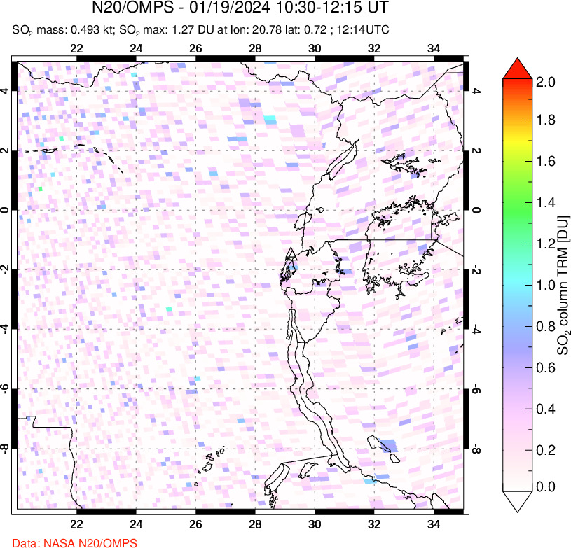 A sulfur dioxide image over Nyiragongo, DR Congo on Jan 19, 2024.