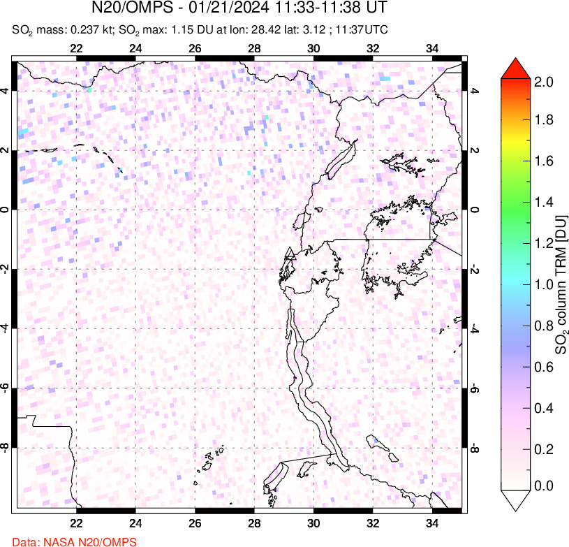 A sulfur dioxide image over Nyiragongo, DR Congo on Jan 21, 2024.