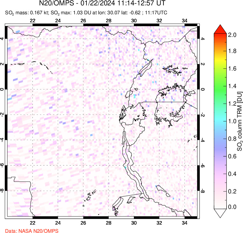 A sulfur dioxide image over Nyiragongo, DR Congo on Jan 22, 2024.