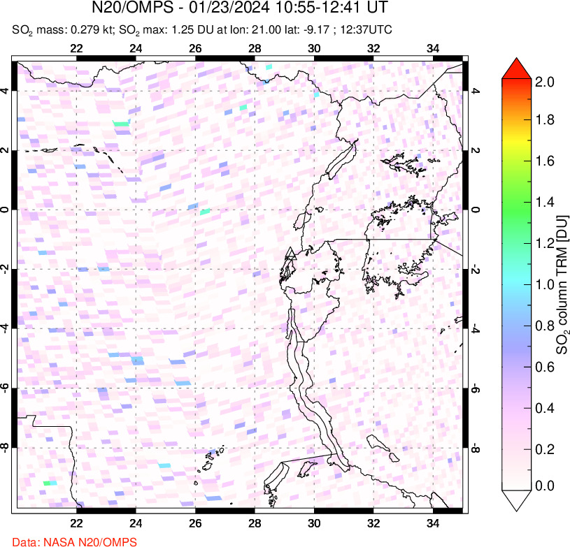 A sulfur dioxide image over Nyiragongo, DR Congo on Jan 23, 2024.