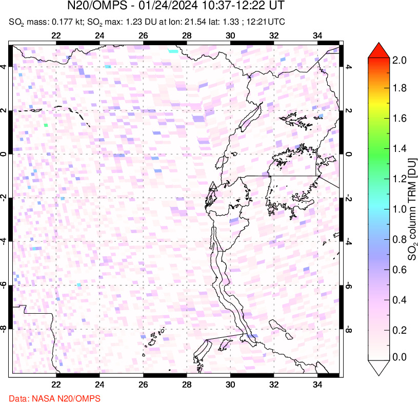 A sulfur dioxide image over Nyiragongo, DR Congo on Jan 24, 2024.