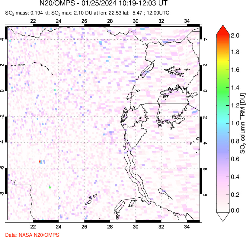 A sulfur dioxide image over Nyiragongo, DR Congo on Jan 25, 2024.