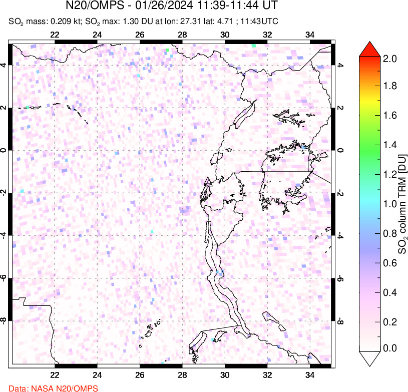 A sulfur dioxide image over Nyiragongo, DR Congo on Jan 26, 2024.