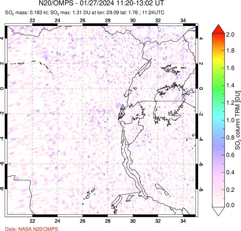 A sulfur dioxide image over Nyiragongo, DR Congo on Jan 27, 2024.