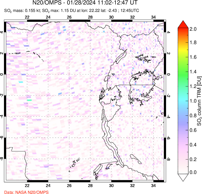 A sulfur dioxide image over Nyiragongo, DR Congo on Jan 28, 2024.