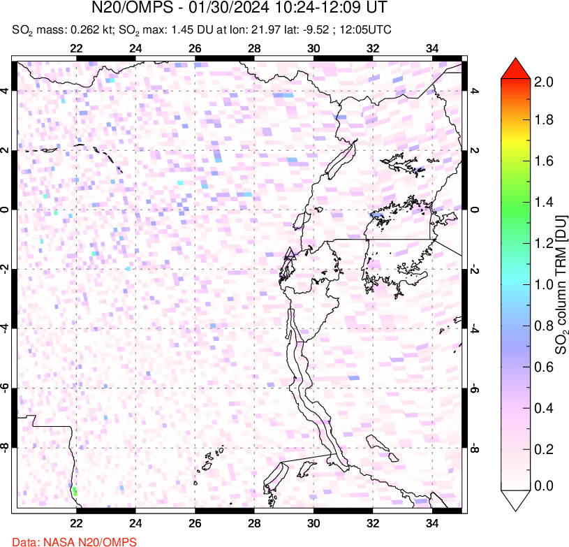 A sulfur dioxide image over Nyiragongo, DR Congo on Jan 30, 2024.